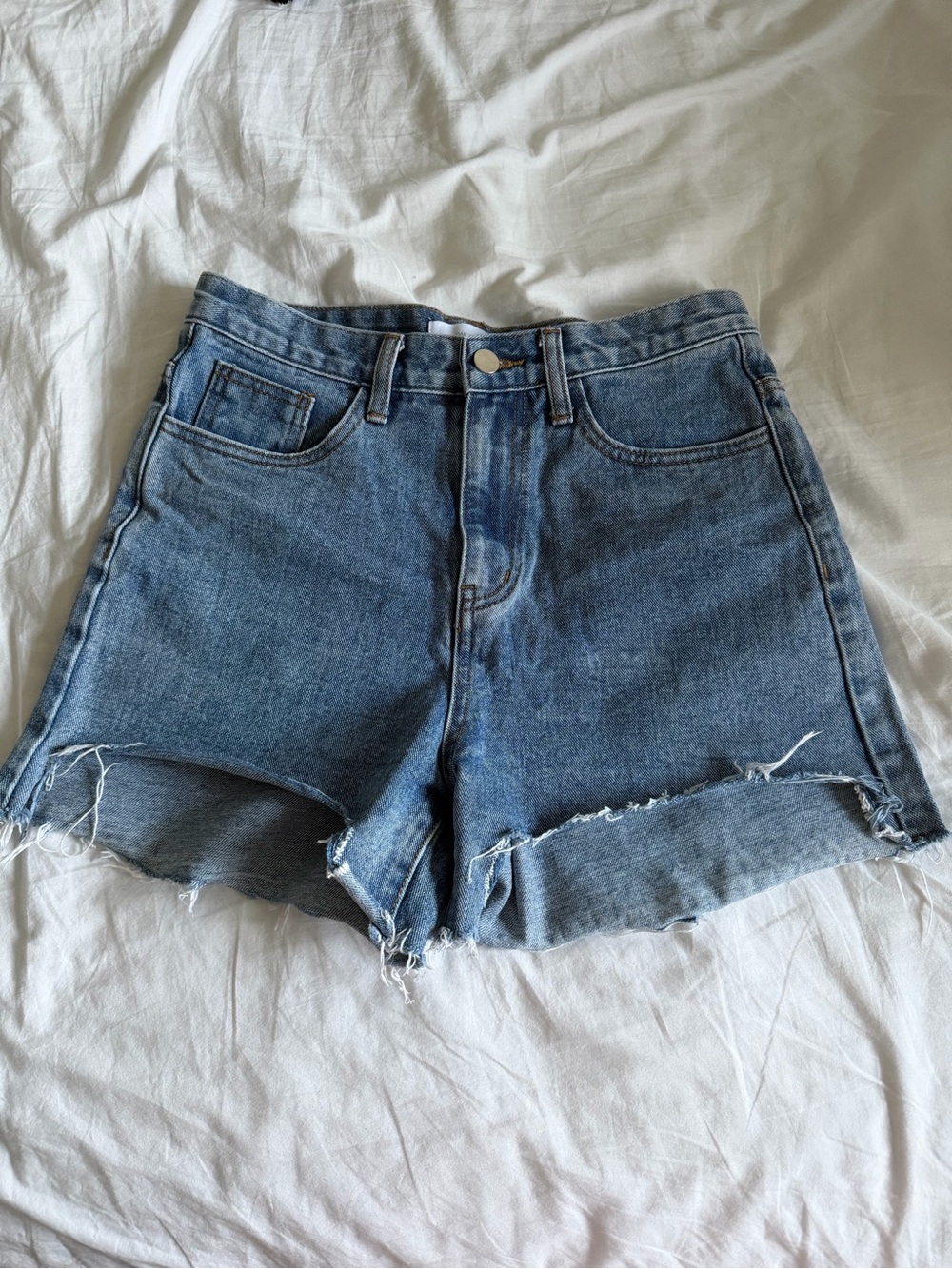 OAK + FORT Medium Blue High-Rise Frayed Denim Shorts